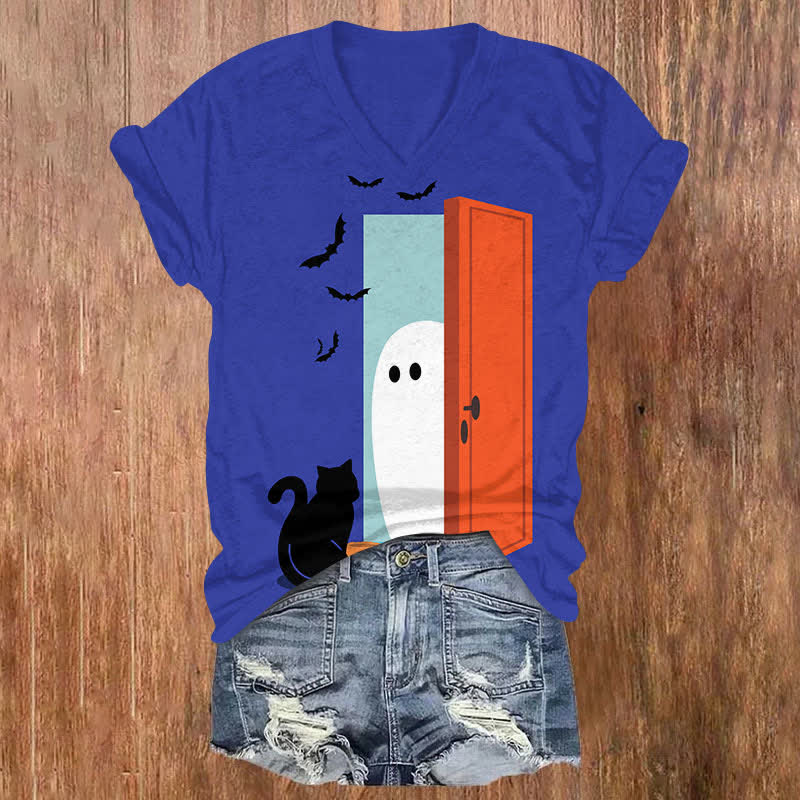 Halloween Ghost Open The Door For Black Cat Art Print V-neck T-shirt - Blue - US32-34(5XL) - image 1