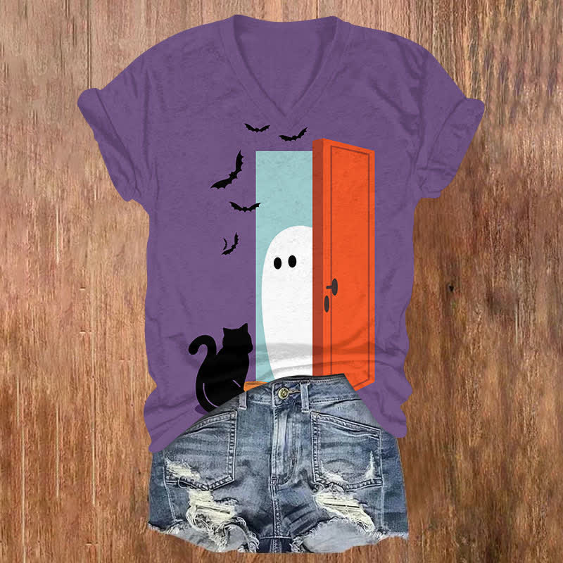 Halloween Ghost Open The Door For Black Cat Art Print V-neck T-shirt - Purple - US32-34(5XL) - image 2