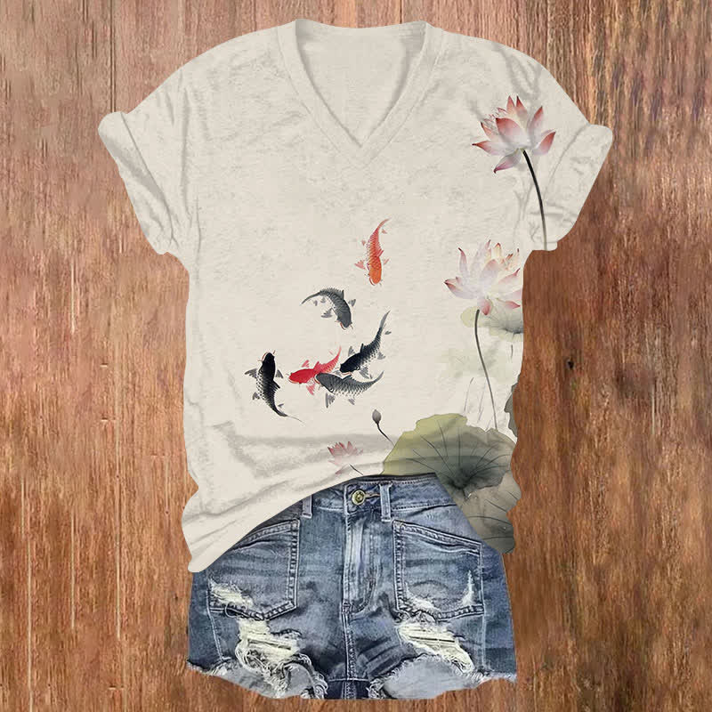 Japanese Vintage Watercolor Goldfish & Lotus Art Print V-neck T-shirt - Apricot - US32-34(5XL) - image 1