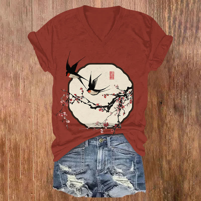 Japanese Vintage Sakura & Swallow Art Print V-neck T-shirt - Red - US32-34(5XL) - image 1