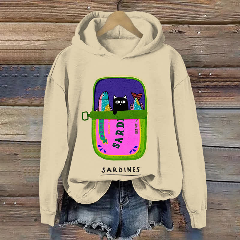 100% Cotton Women's Lovely Black Cat & Sardines Art Print Hoodie - Apricot - US16-18(2XL) - image 1