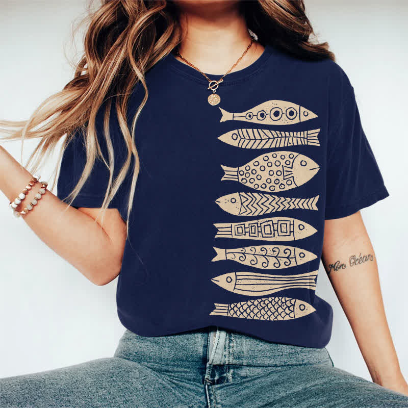 100% Cotton Fish Japanese Lino Art Print Casual T-shirt - Dark Blue - 2XL - image 1