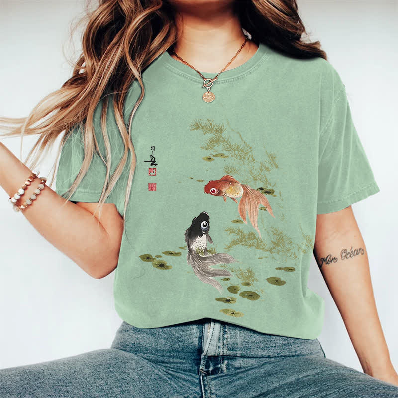 100% Cotton Japanese Koi Art Print Casual T-shirt - Green - 2XL - image 1