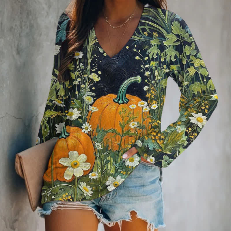 Halloween Pumpkin Flowers Art Print Long Sleeve T-shirt - Green - 5XL - image 1