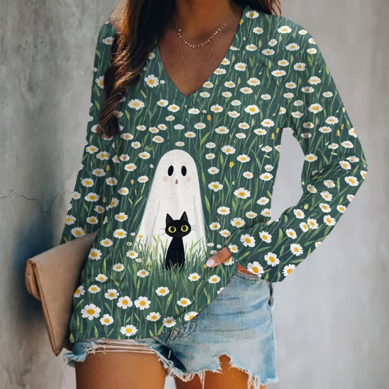 Halloween Cat & Ghost Among The Chrysanthemums Print Long Sleeve T-shirt - Green - 5XL - image 1
