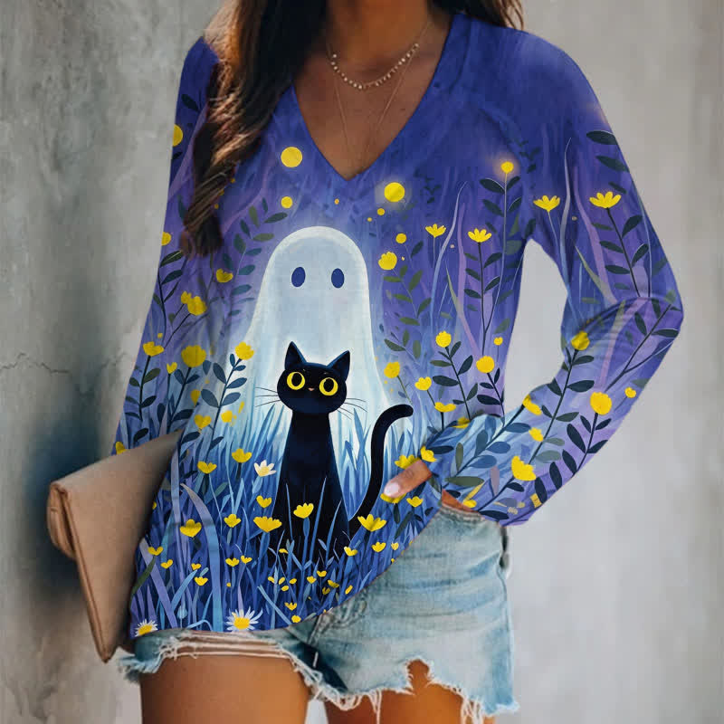 Halloween Cat & Ghost Surrounded By Yellow Flowers Art Print Long Sleeve T-shirt - Purple - 5XL - image 1