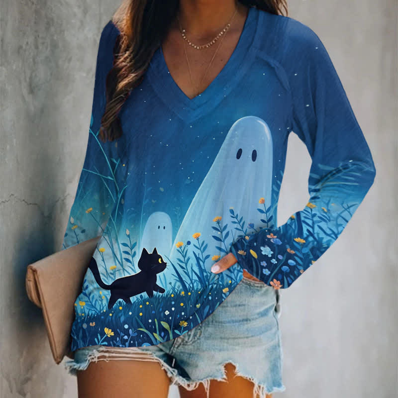 Halloween Black Cat Walking Among Flowers Art Print Long Sleeve T-shirt - Blue - 5XL - image 1