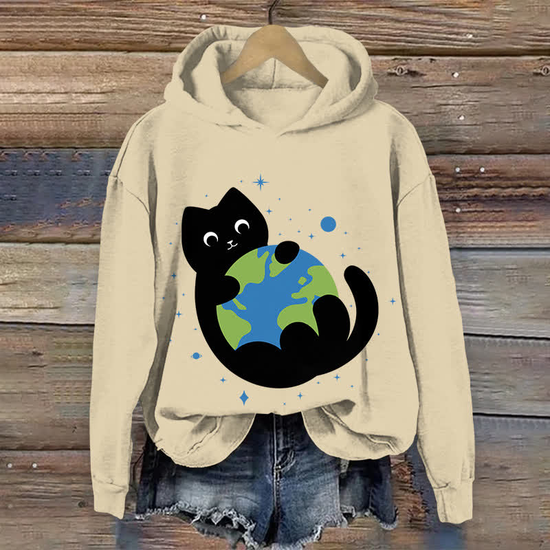 100% Cotton Funny Cat Holding The Earth Art Print Hoodie - Apricot - US16-18(2XL) - image 1