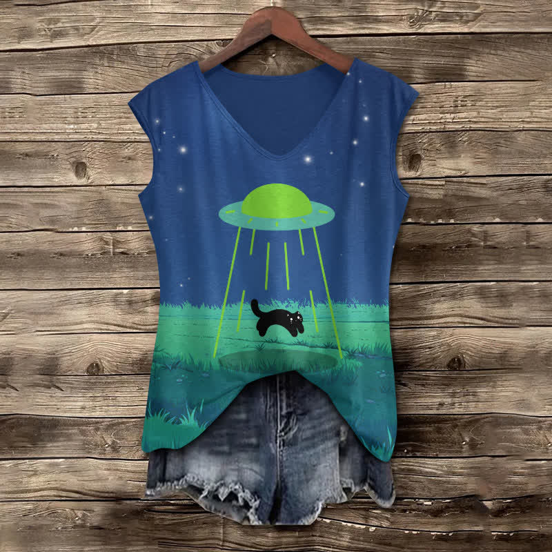 Women's Funny UFO Catching Black Cat Art Print V-neck Tank Top - Blue - 5XL - image 1