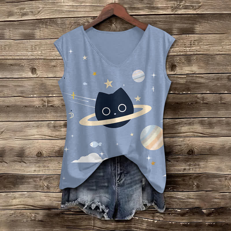 Women's Funny Cartoon Universe Black Cat Art Print V-neck Tank Top - Light Blue - 5XL - image 1
