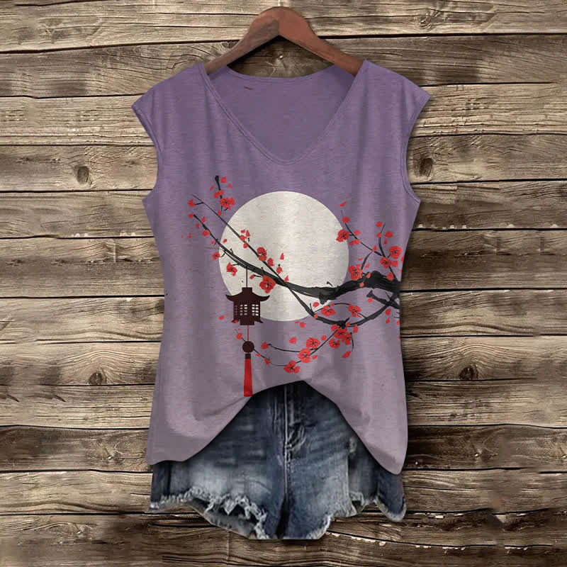 Women's Japanese Moon & Sakura Lantern Art Print V-neck Tank Top - Purple - 5XL - image 1