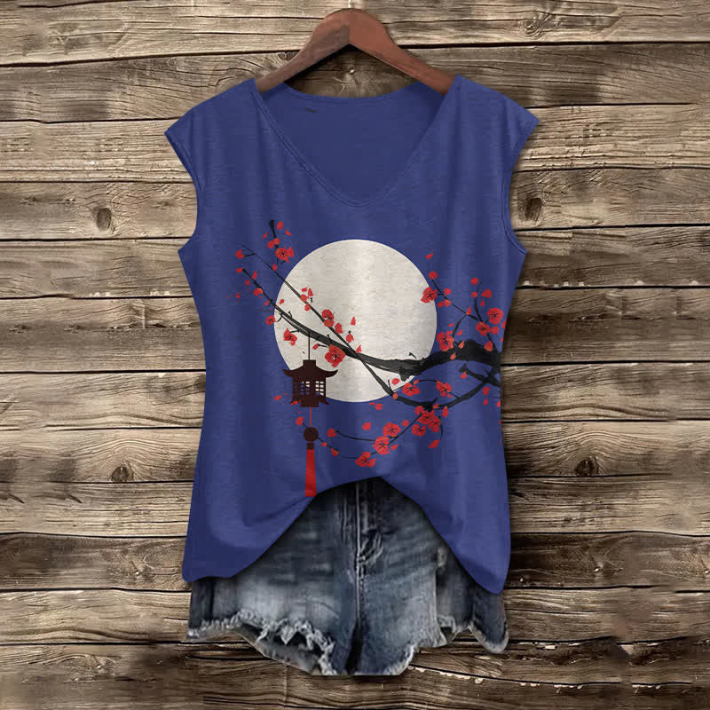 Women's Japanese Moon & Sakura Lantern Art Print V-neck Tank Top - Blue - 5XL - image 3