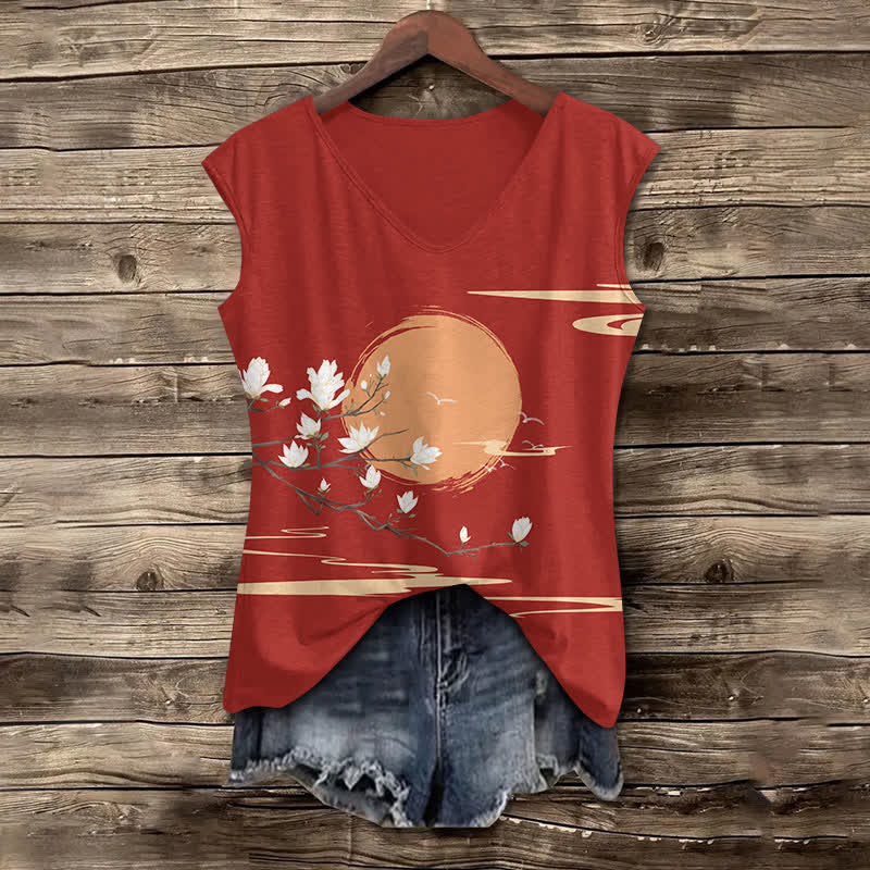 Women's Japanese Sun & Pear Blossom Art Print V-neck Tank Top - Red - 5XL - image 1
