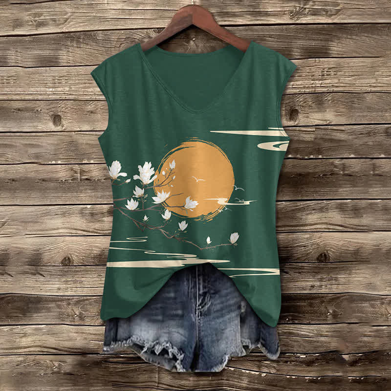 Women's Japanese Sun & Pear Blossom Art Print V-neck Tank Top - Green - 5XL - image 3