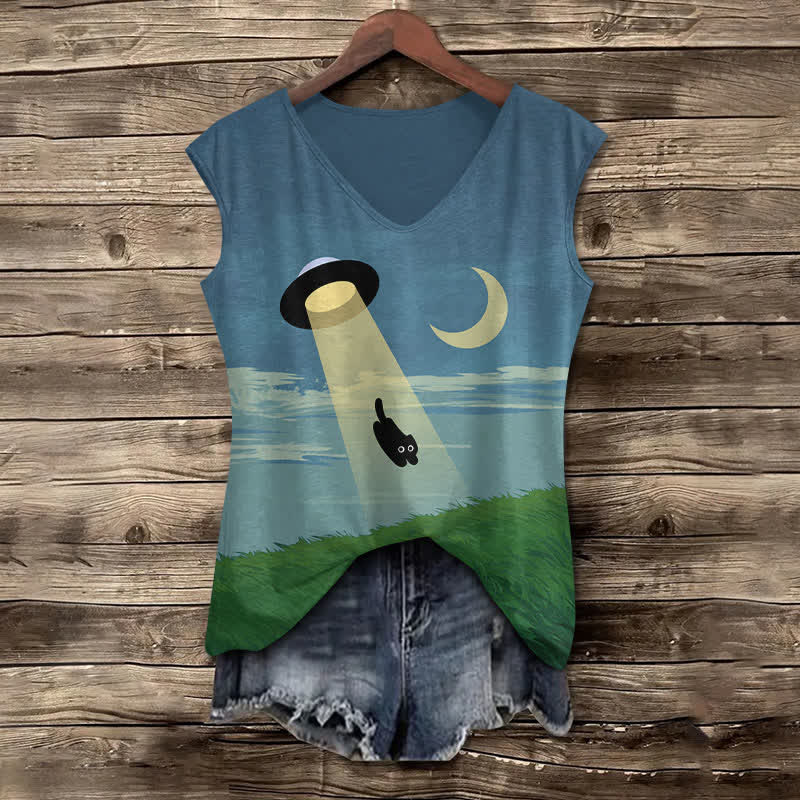 Women's Japanese Funny UFO Catching Black Cat From The Grass Art Print V-neck Tank Top - Blue - 5XL - image 1