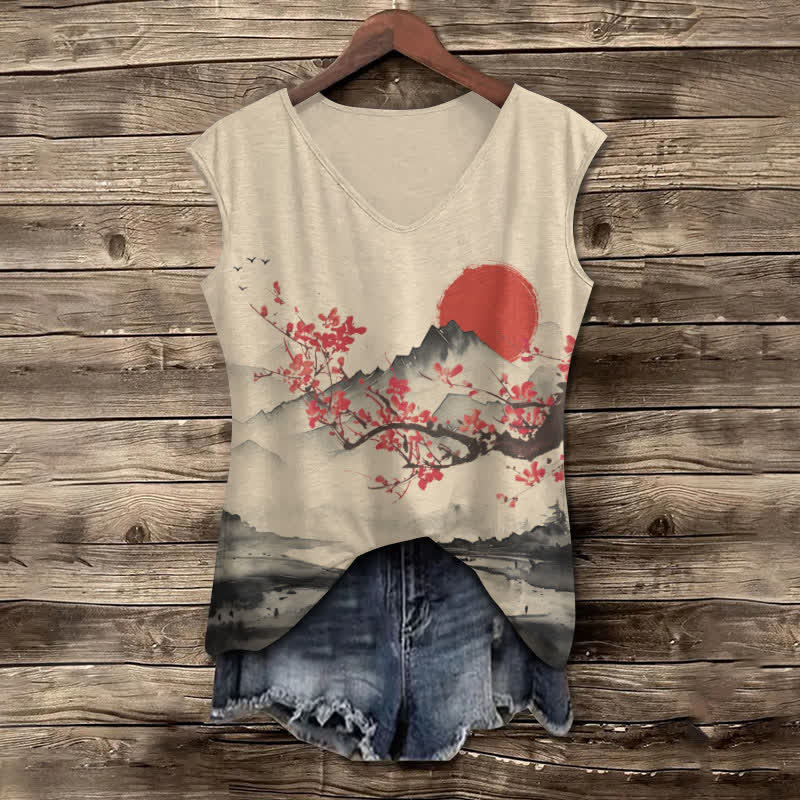 Women's Japanese Landscape Painting Of Mount Fuji Art Print V-neck Tank Top - Khaki - 5XL - image 1