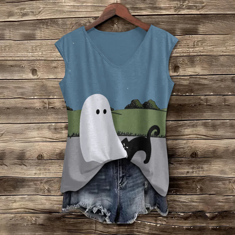 Women's Halloween Funny Cat Bite Ghost Art Print V-neck Tank Top - Blue - 5XL - image 1