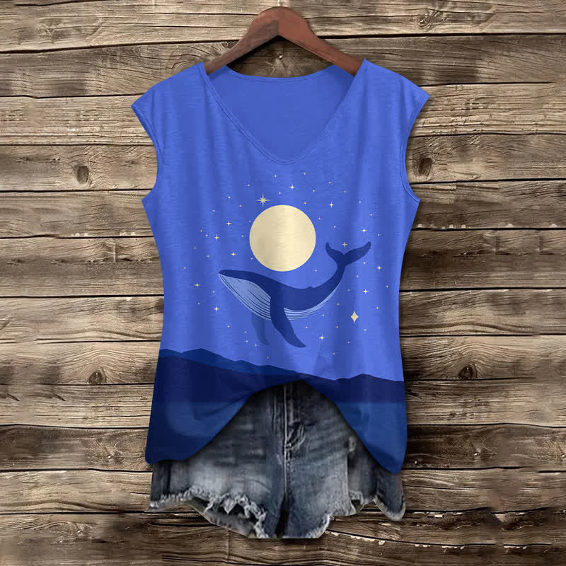 Women's Starry Moon & Whale Art Print V-neck Tank Top - Blue - 5XL - image 1