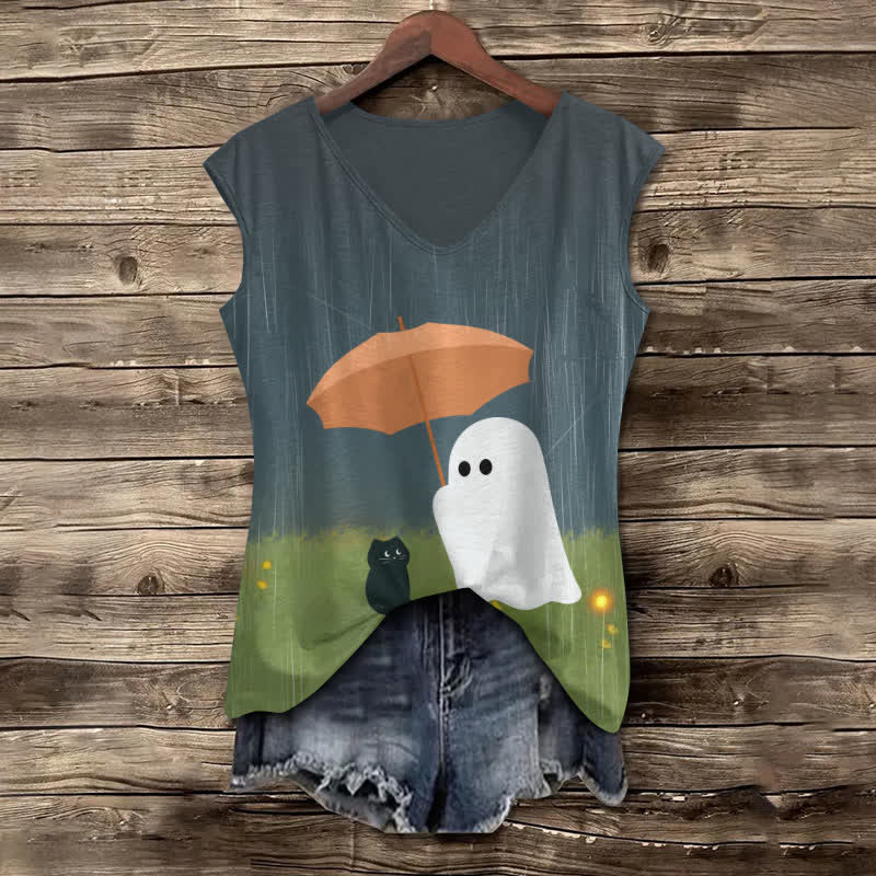Women's Halloween Lovely Ghost Holding Umbrella For Cat Art Print V-neck Tank Top - Grey - 5XL - image 1