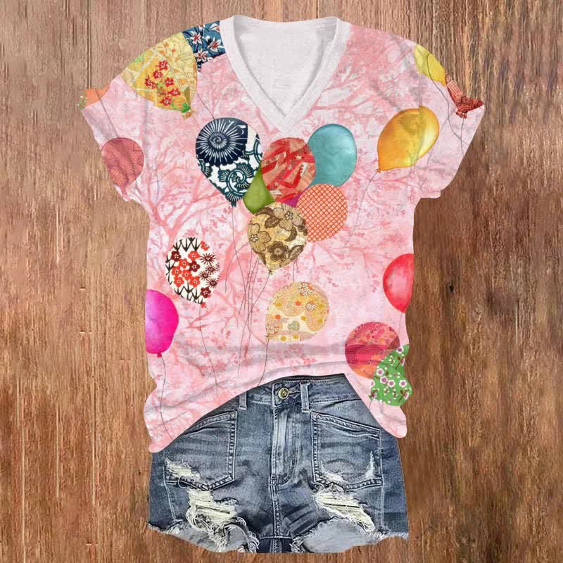 Japanese Colorful Balloons Art Print V-neck T-shirt - Pink - US32-34(5XL) - image 1