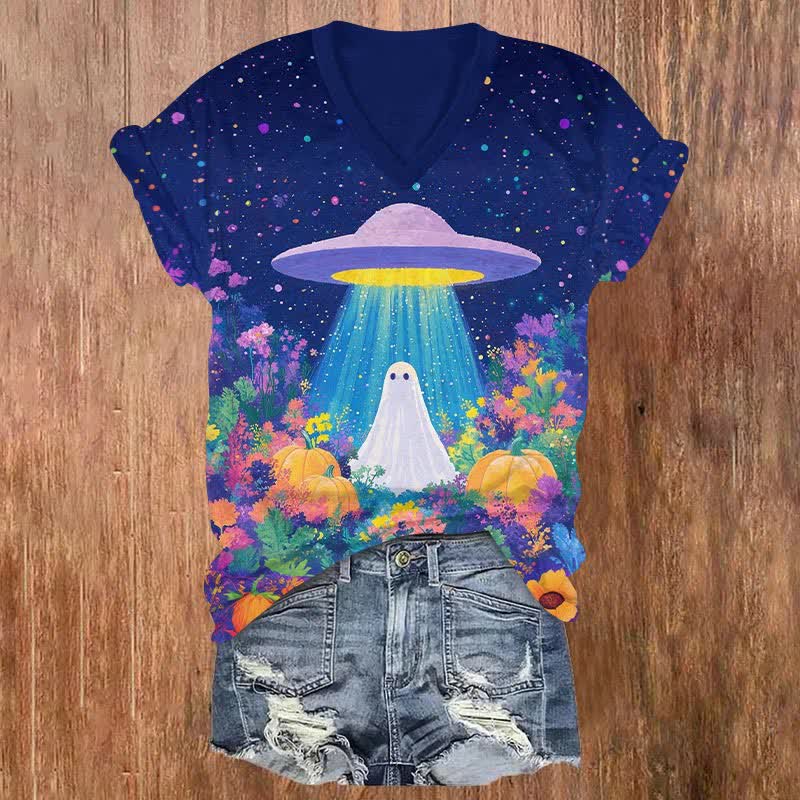 Halloween UFO Ghost & Floral Pumpkin Art print v-neck T-Shirt - Blue - US32-34(5XL) - image 1