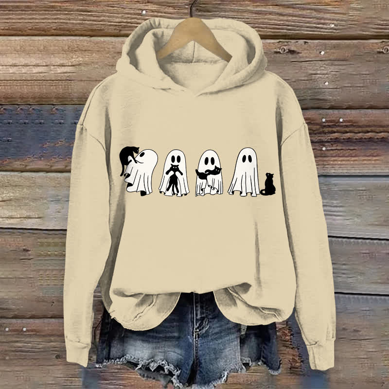 100% Cotton Halloween  Ghost Playing With Cats Art Print Hoodie - Apricot - US16-18(2XL) - image 1
