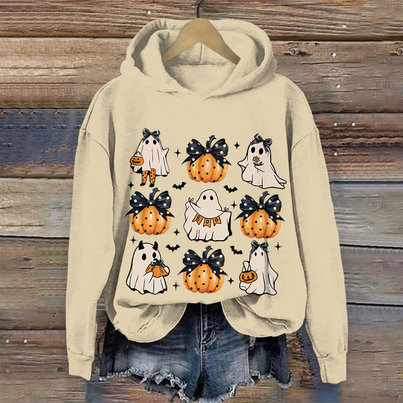 100% Cotton Halloween Girly Ghost & Pumpkin Art Print Hoodie - Apricot - US16-18(2XL) - image 1