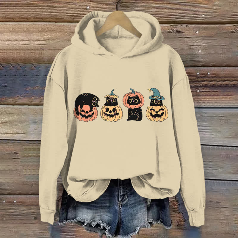 100% Cotton Halloween Funny Black Kitten & Pumpkin Art Print Hoodie - Apricot - US16-18(2XL) - image 1