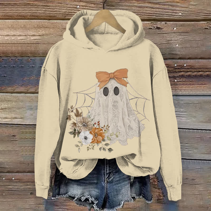100% Cotton Halloween Funny Floral Bow Ghost Art Print Hoodie - Apricot - US16-18(2XL) - image 1