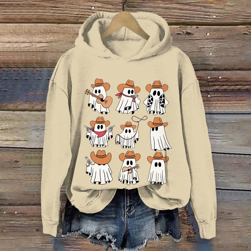 100% Cotton Halloween Funny Cowboy Ghost Art Print Hoodie - Apricot - US16-18(2XL) - image 1