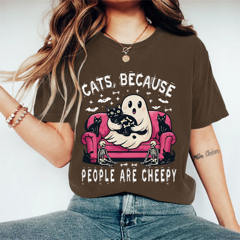 100% Cotton Halloween Ghost Holding Cat Print T-shirt - Coffee - 2XL - image 1