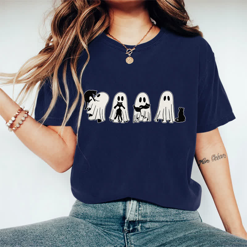 100% Cotton Halloween Ghost Playing With Cats Art Print T-shirt - Dark Blue - 2XL - image 1