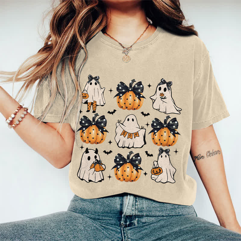 100% Cotton Halloween Girly Ghost & Pumpkin Art Print T-Shirt - Apricot - 2XL - image 4