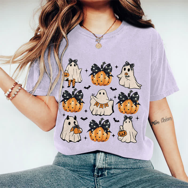 100% Cotton Halloween Girly Ghost & Pumpkin Art Print  T-Shirt - Purple - 2XL - image 1