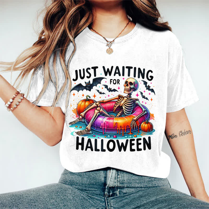100% Cotton Just Waiting For Halloween Art Print T-Shirt - White - 2XL - image 6