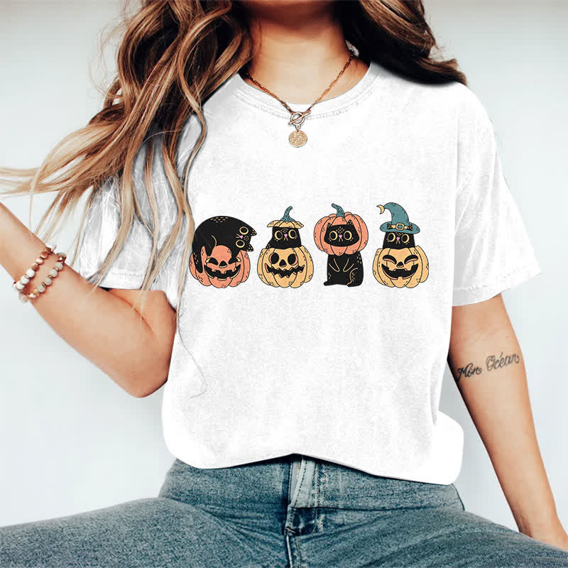 100% Cotton Halloween Funny Black Kitten & Pumpkin Art Print T-shirt - White - 2XL - image 6