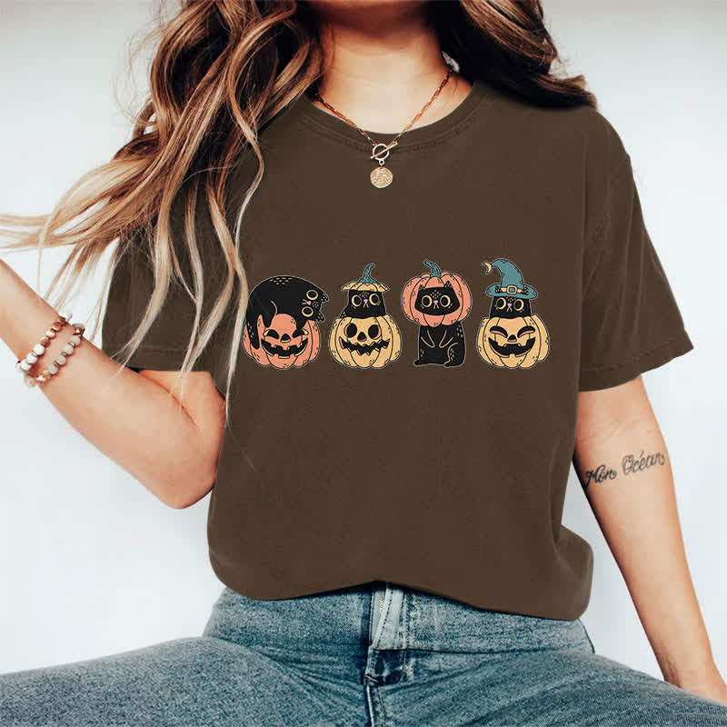 100% Cotton Halloween Funny Black Kitten & Pumpkin Art Print T-shirt - Coffee - 2XL - image 1