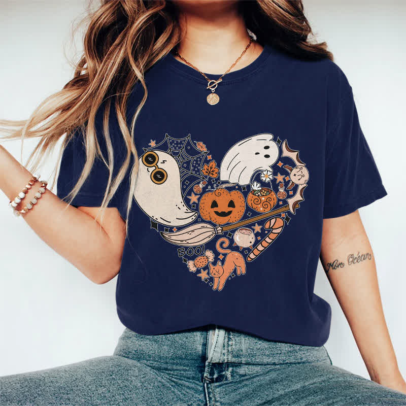 100% Cotton Halloween Elements Heart Art T-shirt - Dark Blue - 2XL - image 5