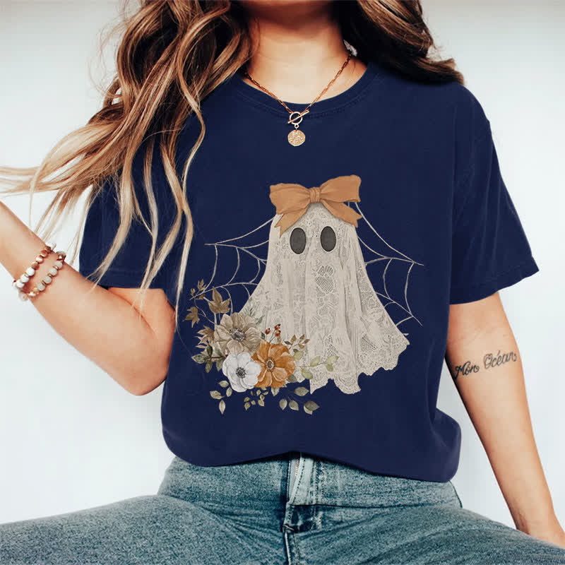 100% Cotton Halloween Funny Floral Bow Ghost Art Print T-shirt - Dark Blue - 2XL - image 1