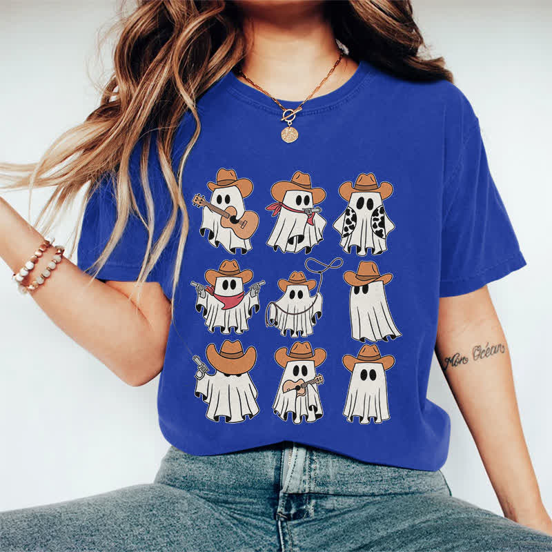 100% Cotton Halloween Funny Cowboy Ghost Art Print T-shirt - Royal Blue - 2XL - image 13