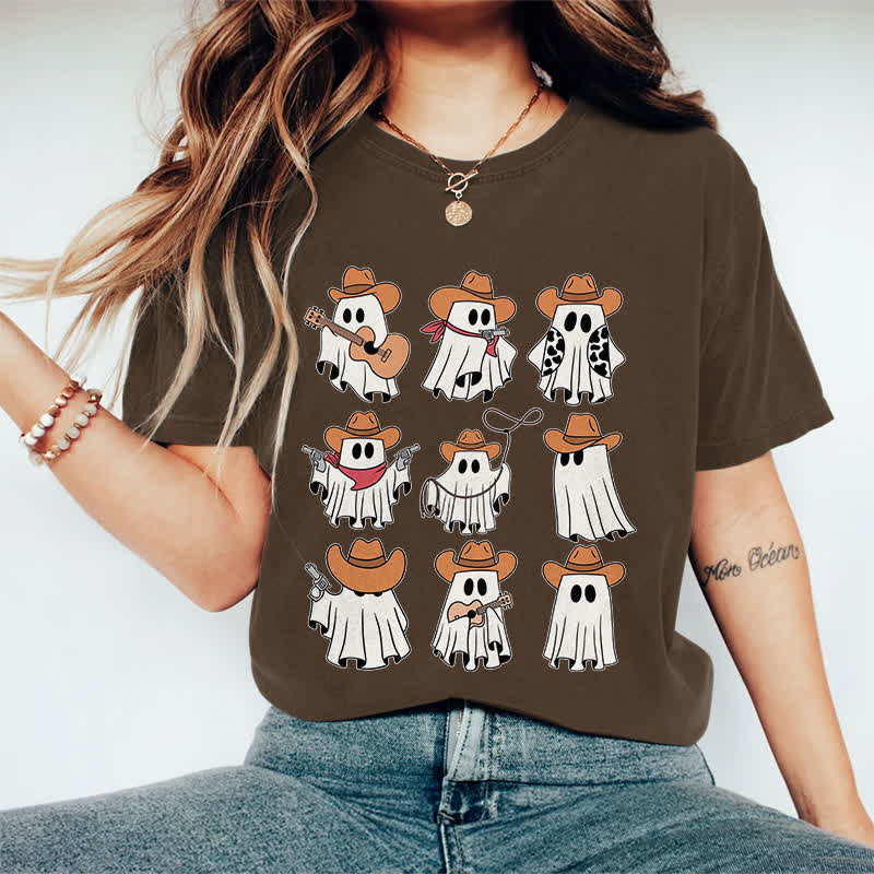 100% Cotton Halloween Funny Cowboy Ghost Art Print T-shirt - Coffee - 2XL - image 1