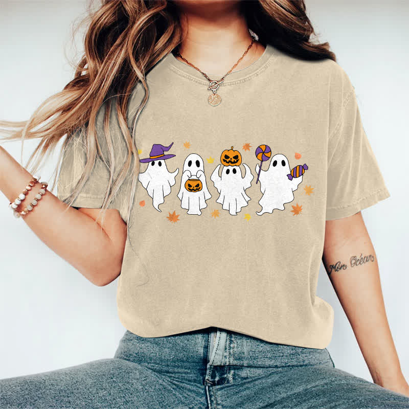 100% Cotton Halloween Dancing Ghost Art Print T-shirt - Apricot - 2XL - image 3