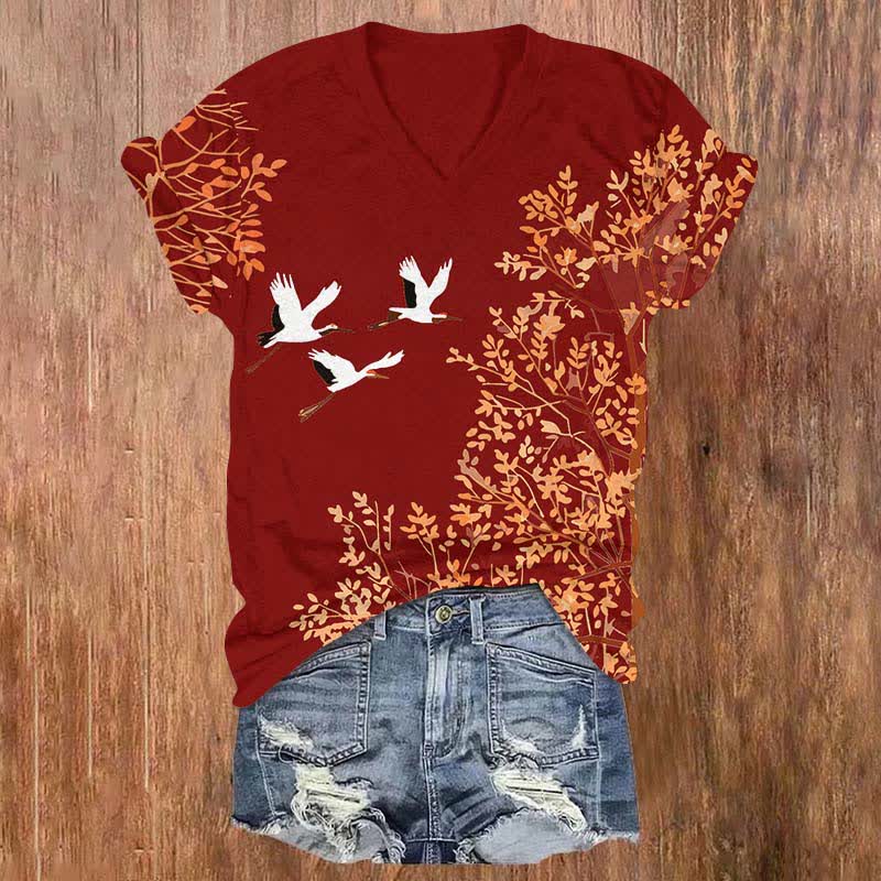 Japanese White Crane Flying Across Maple Tree Print V-neck T-shirt - Red - US32-34(5XL) - image 3