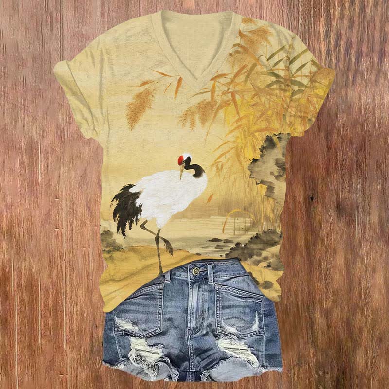 Japanese Vintage Crane Rest By Willow Lake Art Print V-neck T-shirt - Yellow - US32-34(5XL) - image 1