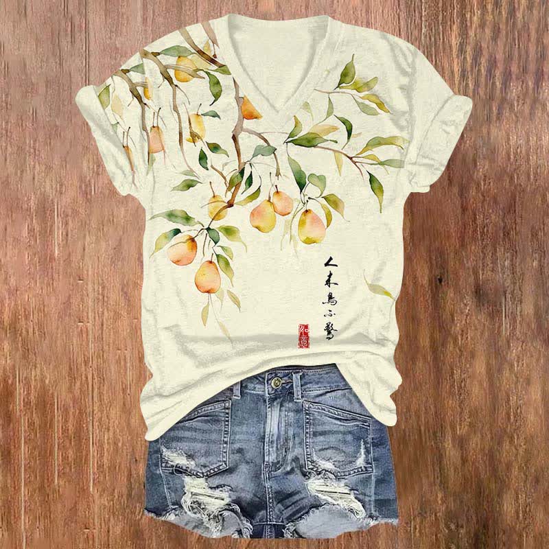 Japanese Vintage Pear Tree Art Print V-neck T-shirt - Beige - US32-34(5XL) - image 1