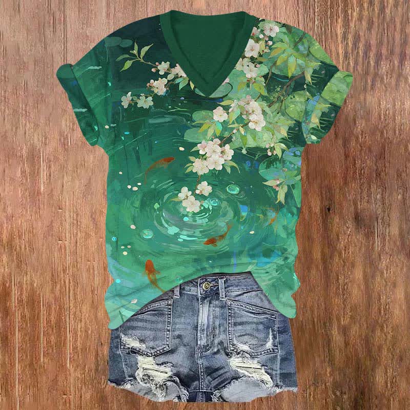 Japanese Sakura Goldfish Circle Lotus Pond Art Print V-neck T-shirt - Green - US32-34(5XL) - image 1