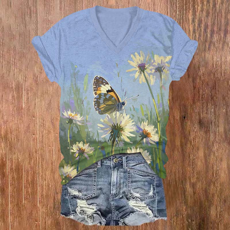 Japanese Oil Painting Dandelion & Butterfly Art Print V-neck T-shirt - Blue - US32-34(5XL) - image 1