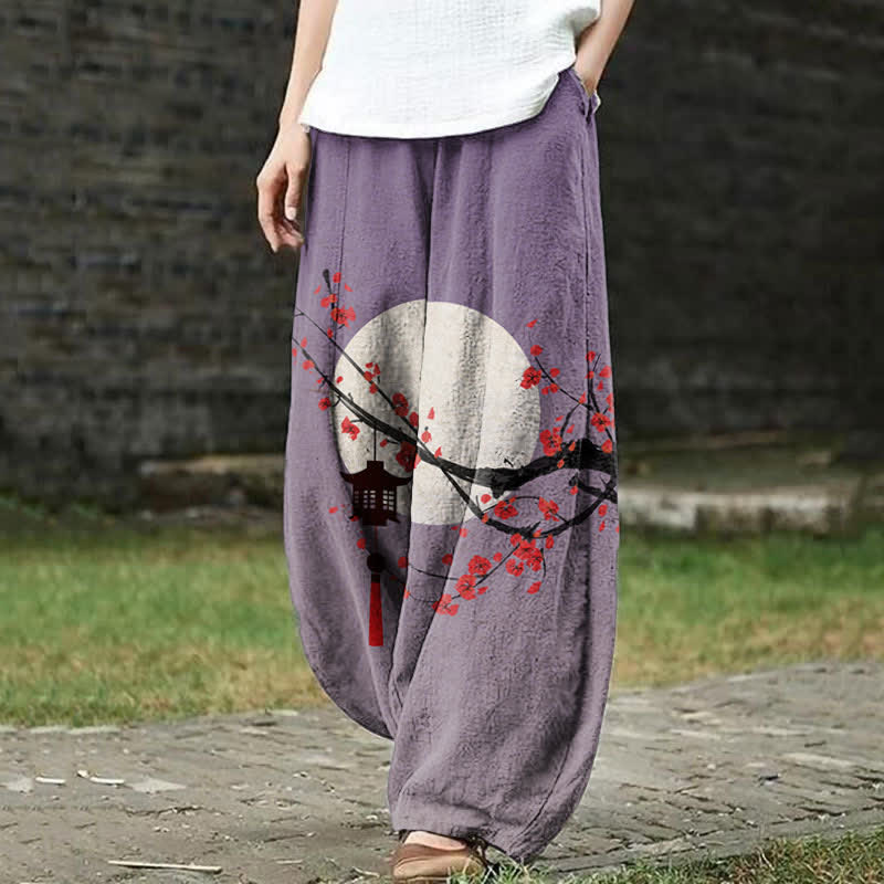 Japanese Sun & Lantern On Plum Blossom Art Print Casual Pants - Purple - US18(5XL) - image 1