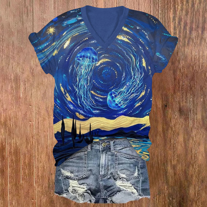 Jellyfish Starry Sky Art Print V-neck T-shirt - Blue - US32-34(5XL) - image 1