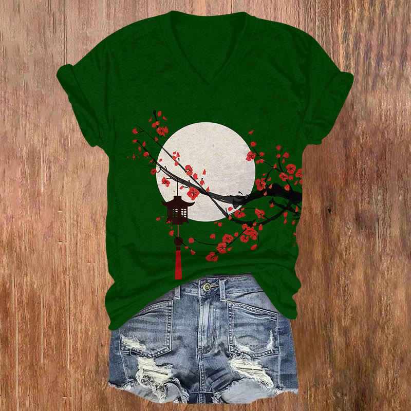 Japanese Sun & Lantern On Plum Blossom Art Print V-neck T-shirt - Green - US32-34(5XL) - image 4